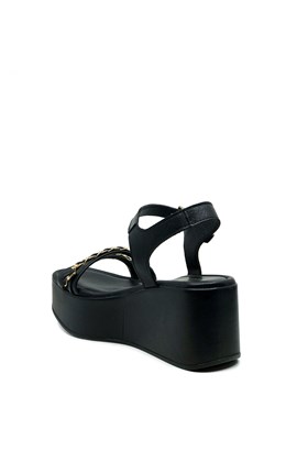 Siyah Hakiki Deri Dolgu Topuklu Sandalet - ROSALIA