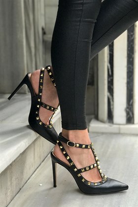 Siyah Hakiki Deri Taşlı Topuklu Ayakkabı - CASSANDRA