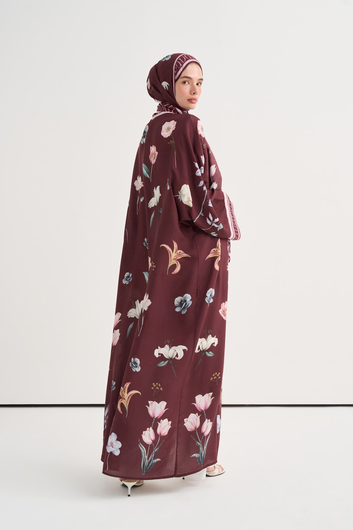 Dream Çiçekli Floş Abaya Bordo