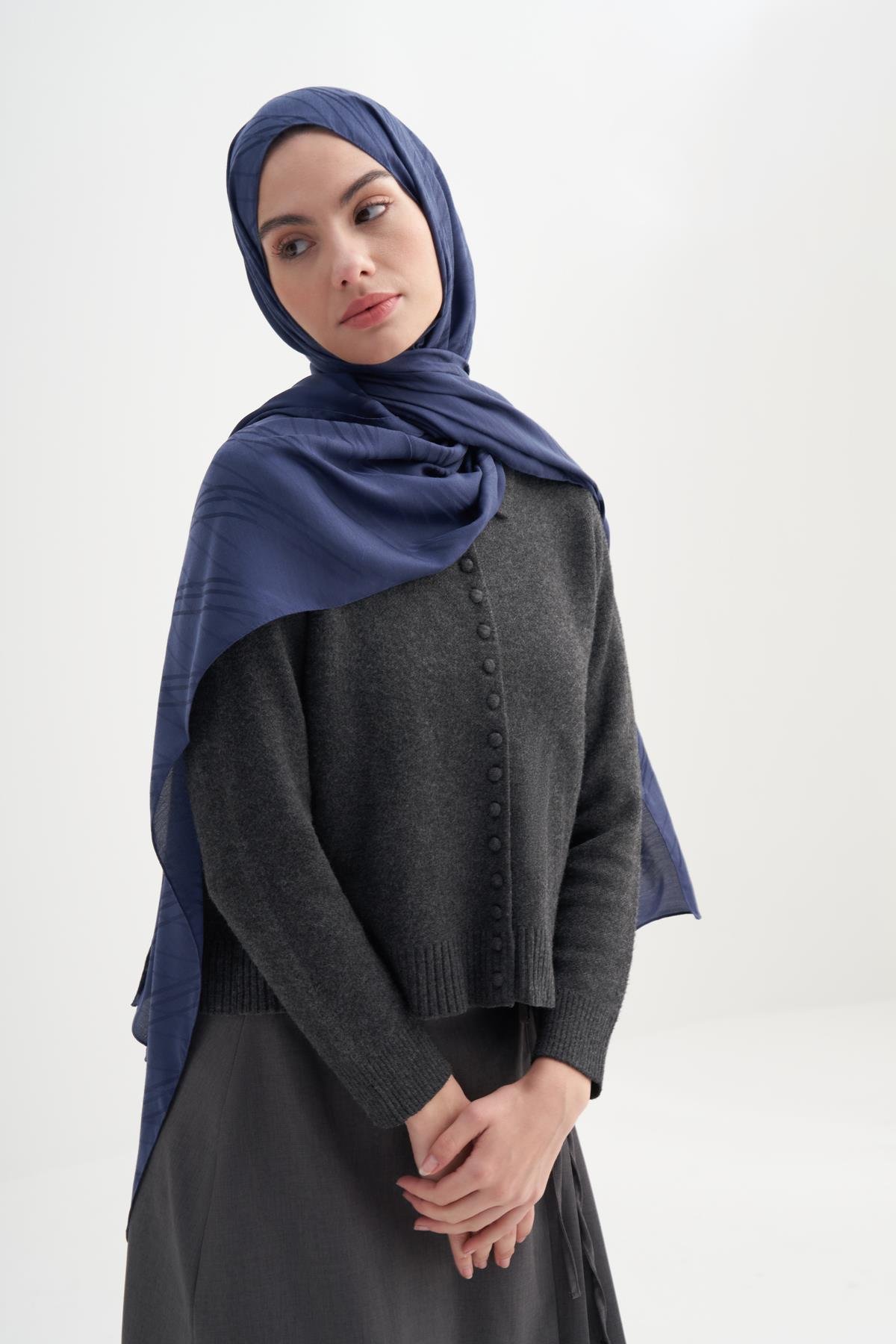 Simetrik Jakar İtalyan İpekli Şal Lacivert