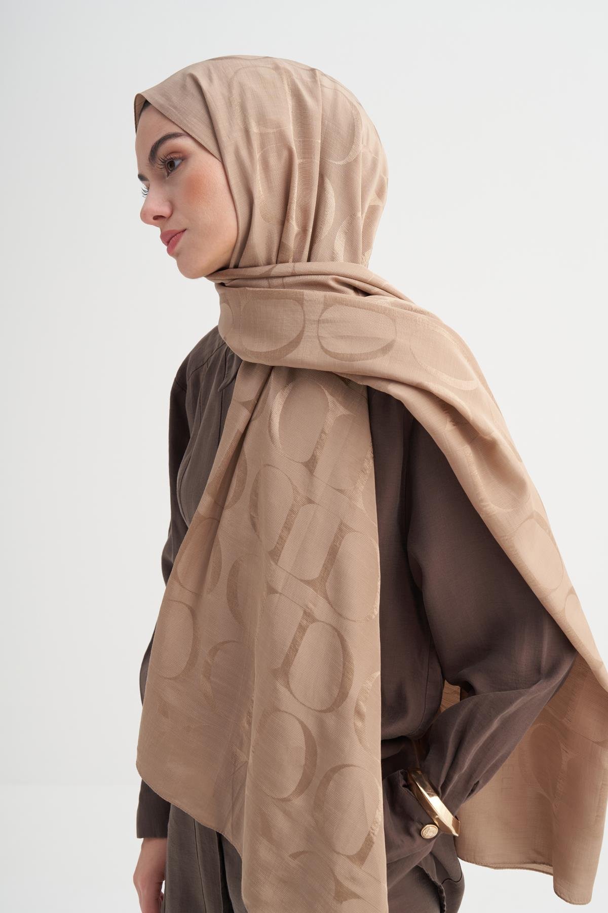 Monogram Desen Rina Floş Jakar Şal Vizon