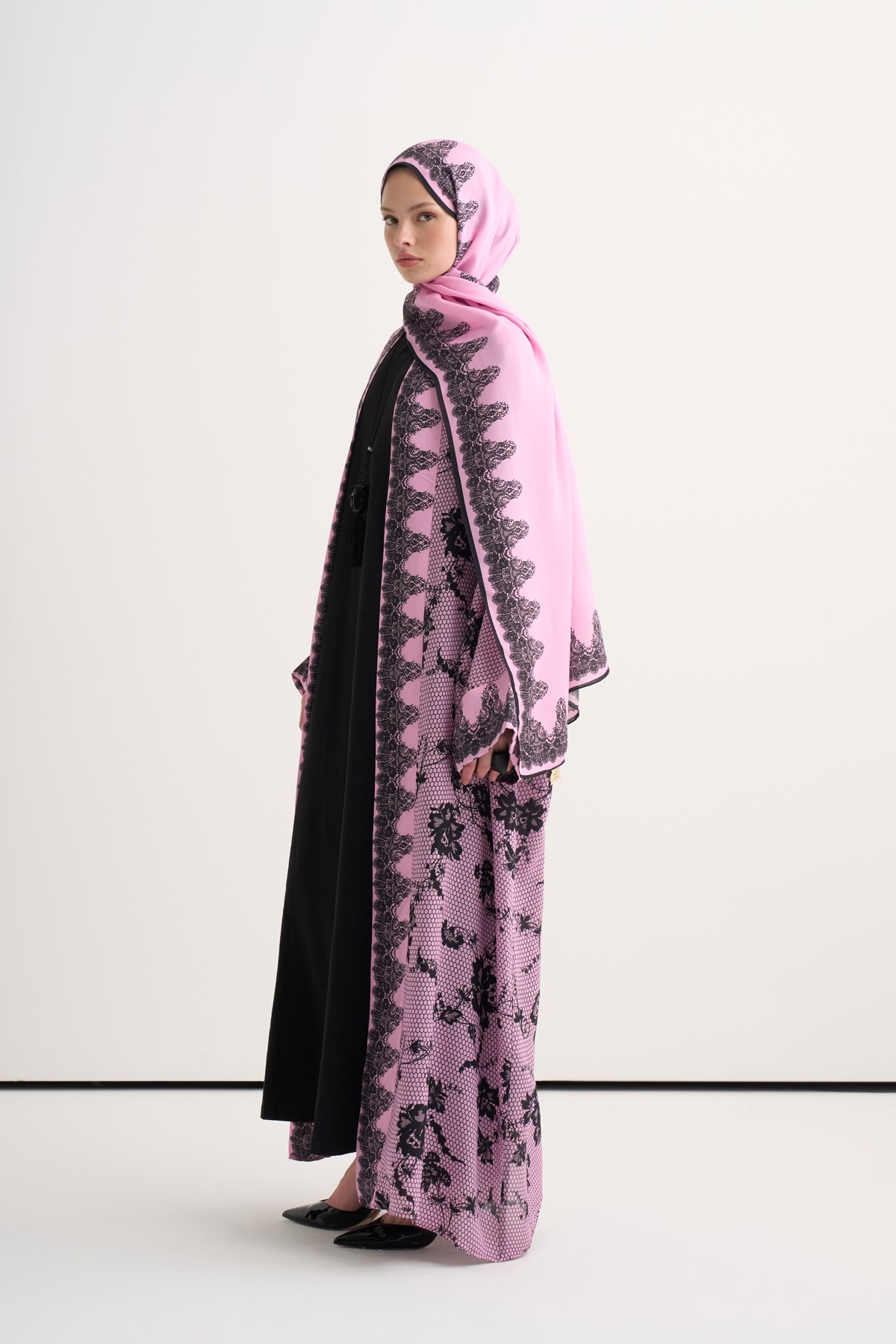 Floral Floş Abaya Pembe