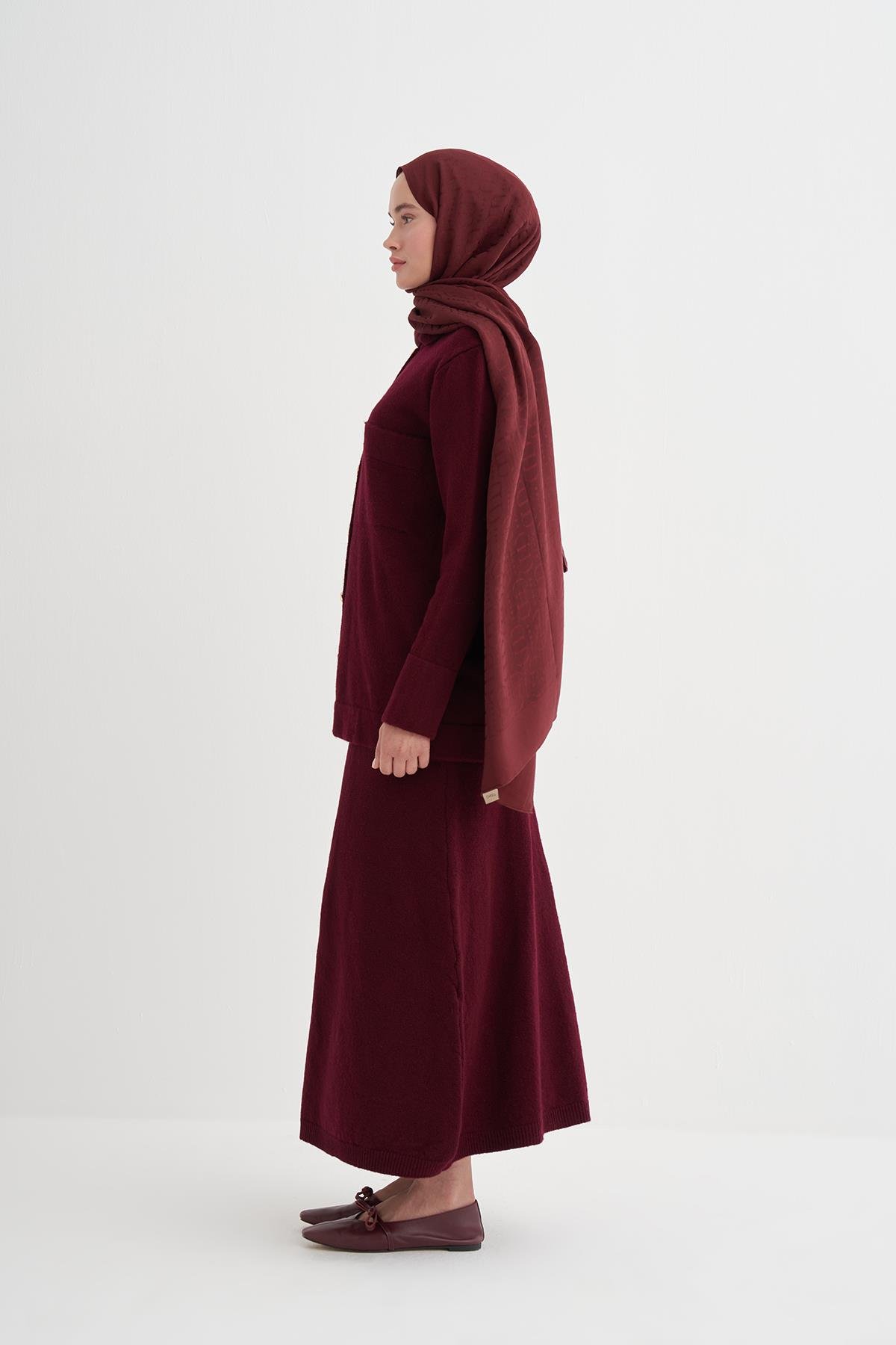 Düz Örgü Triko Etekli Takım Bordo