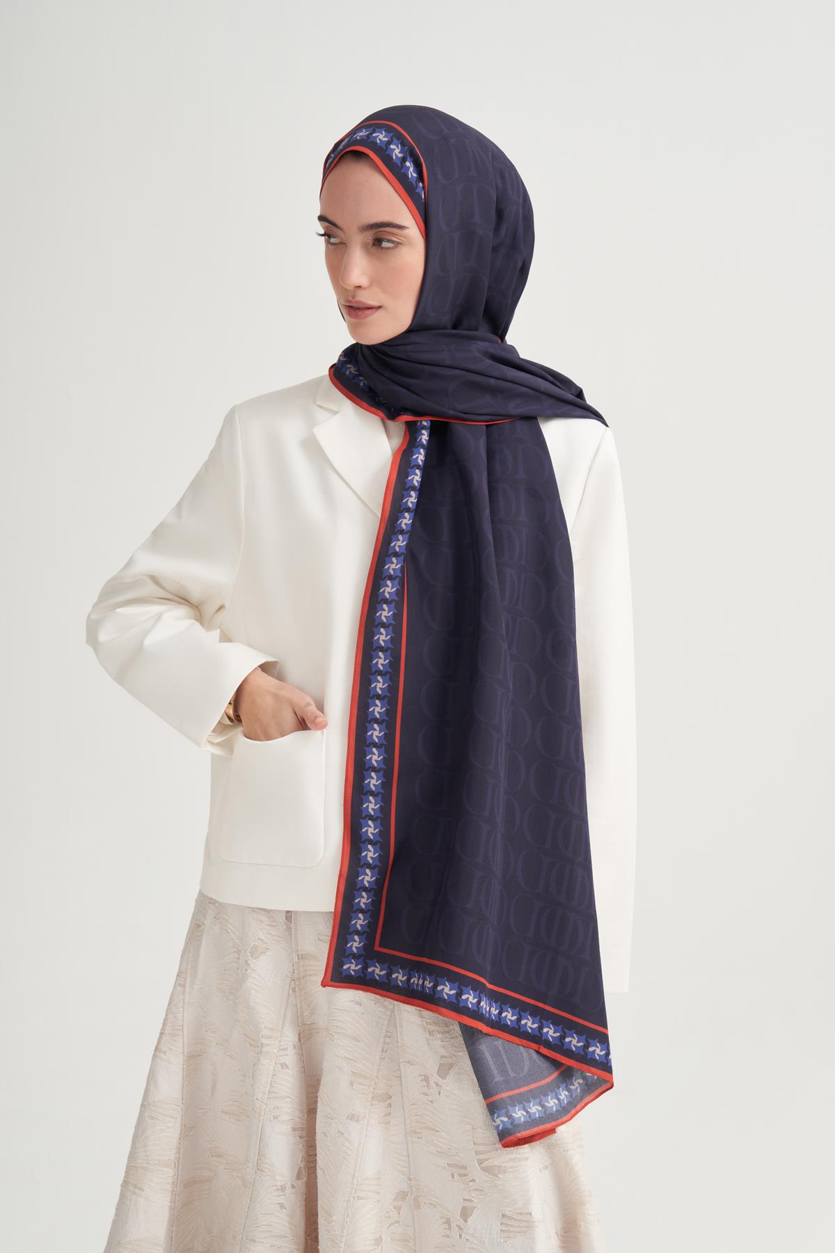 Vei Monogram Floş Şal Lacivert