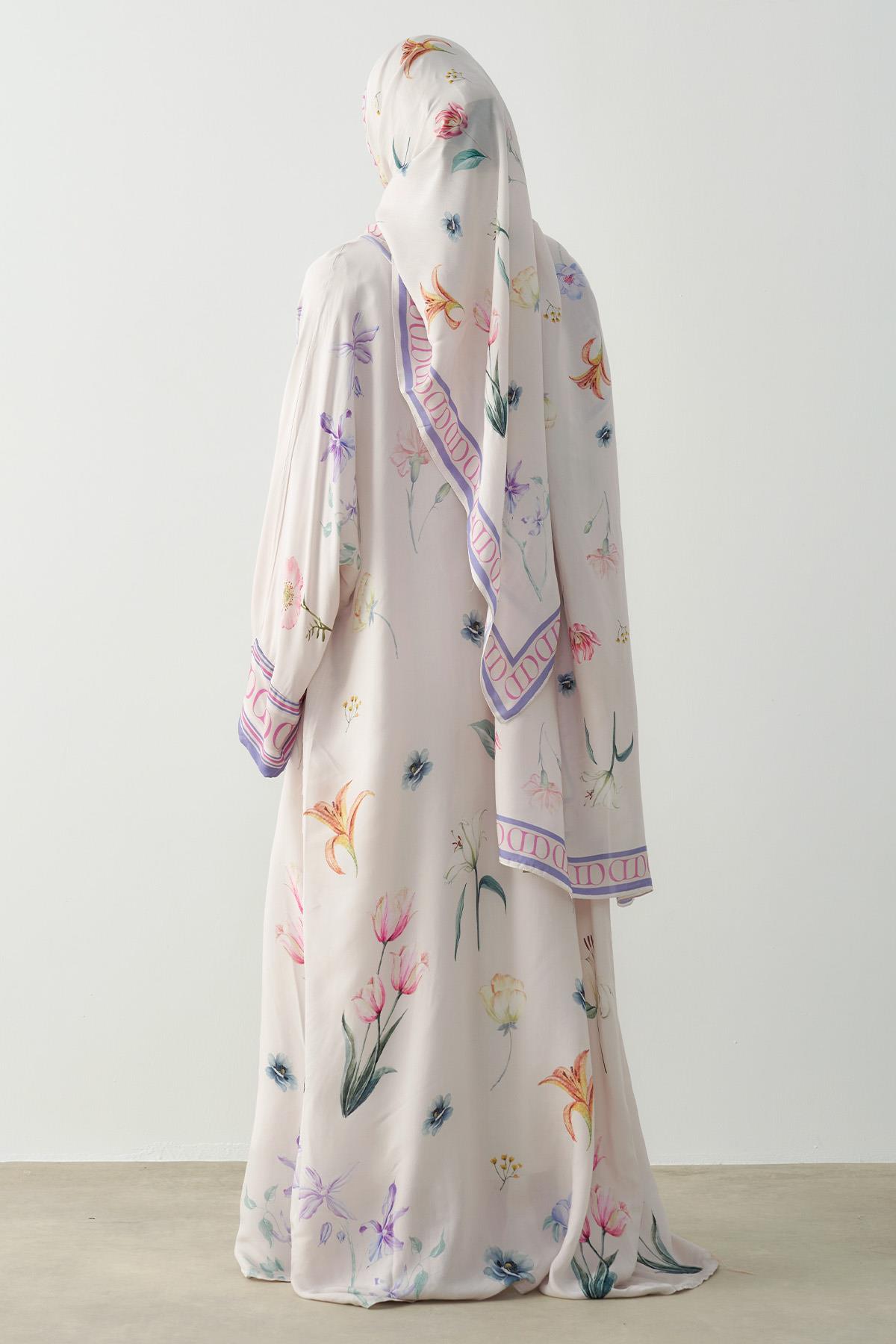 Dream Çiçekli Floş Abaya Krem