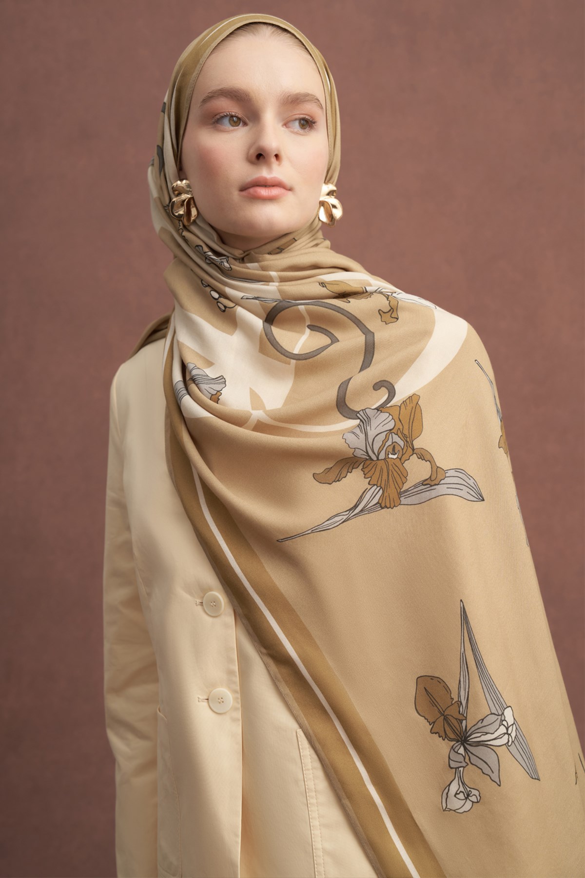 Amira Desen Norena Yünlü Şal Camel