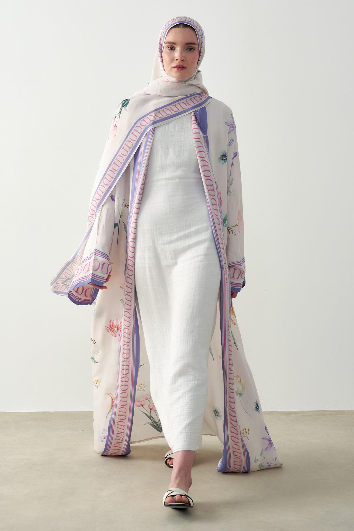 Dream Çiçekli Floş Abaya Krem