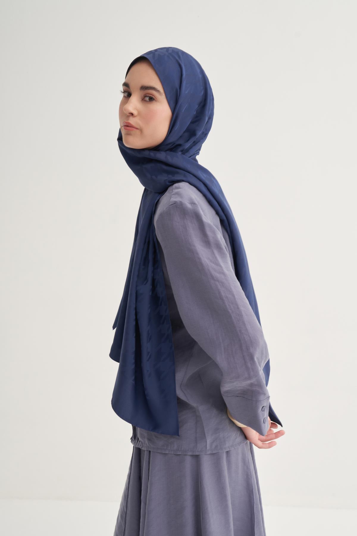 Kazayağı Desen Pamuk İpek Şal Lacivert