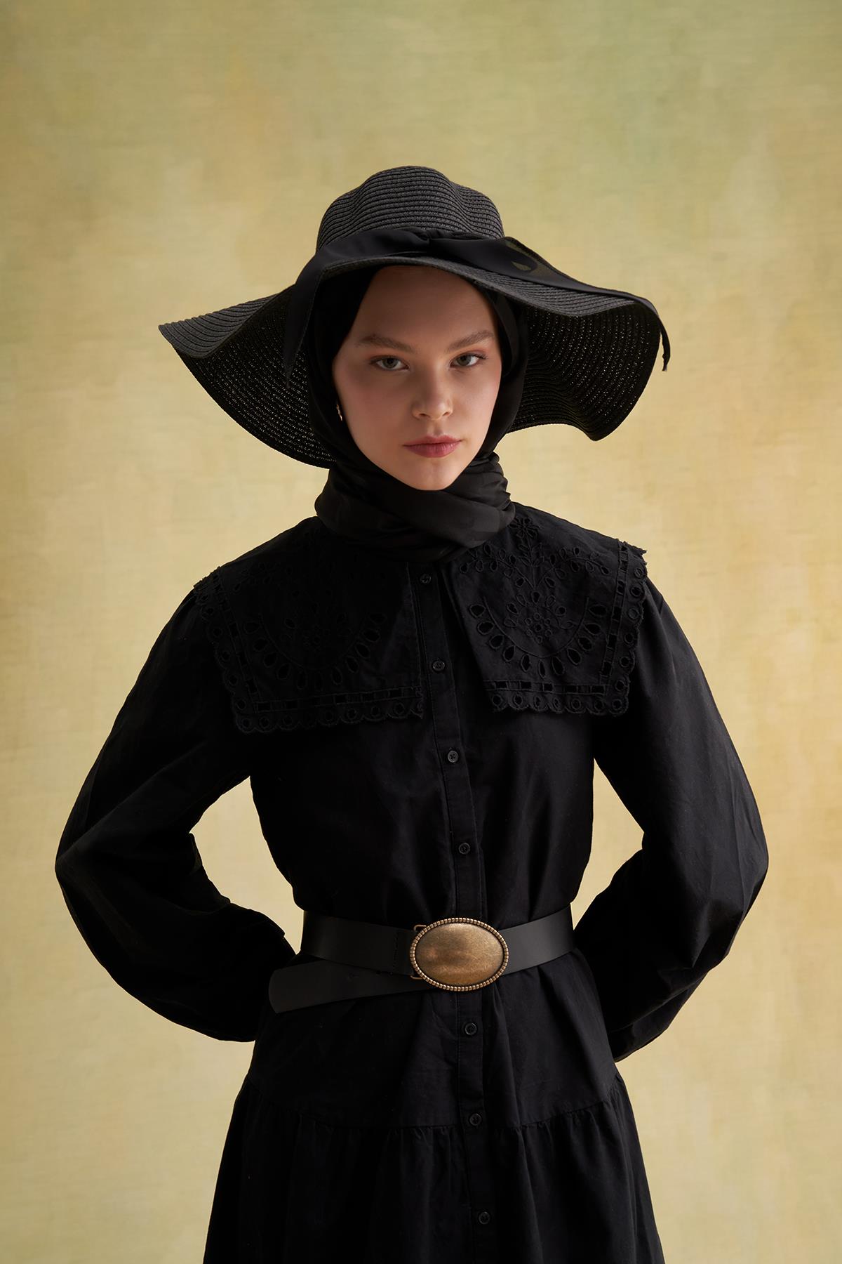 Kurdeleli Hasır Şapka Siyah