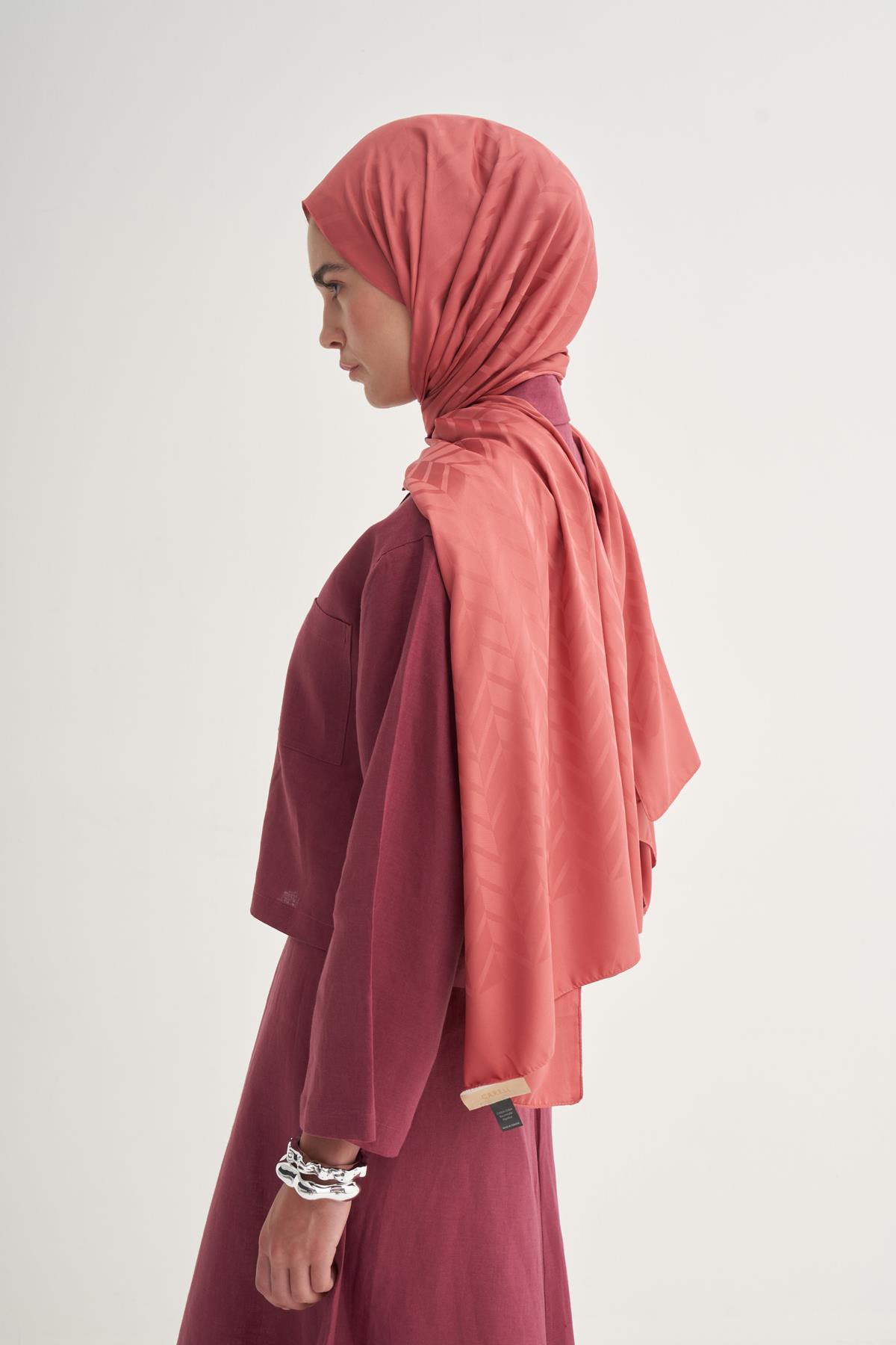 Baklava Desen Pamuk İpek Şal Mercan