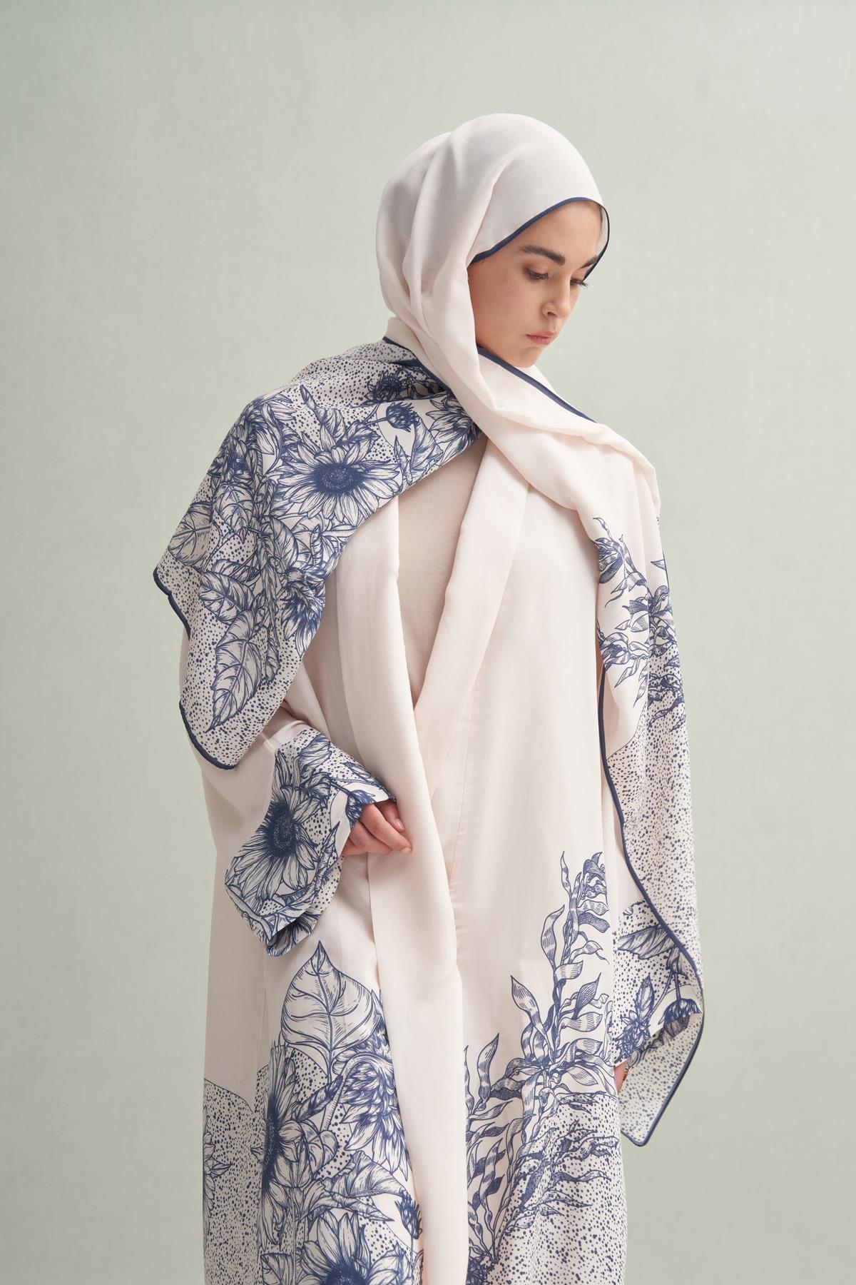 Navy Floş Abaya Krem