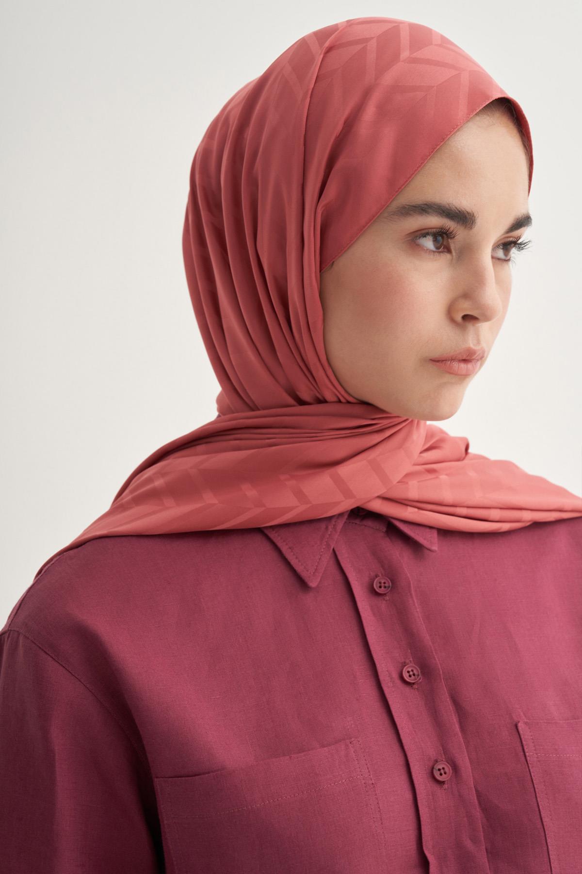 Baklava Desen Pamuk İpek Şal Mercan