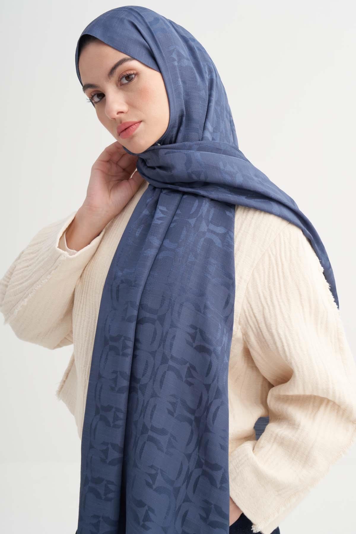 Blok Desen Rina Floş Jakar Şal Kot Mavi