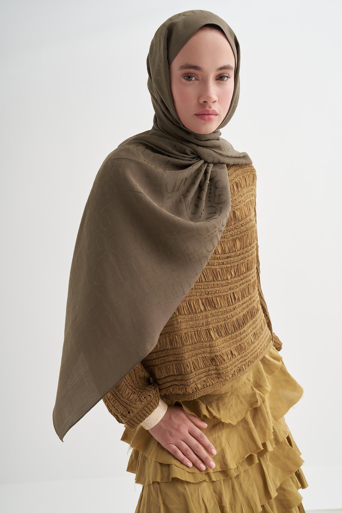 Luxe Desen Liora Pamuk Şal Zeytin Yeşili