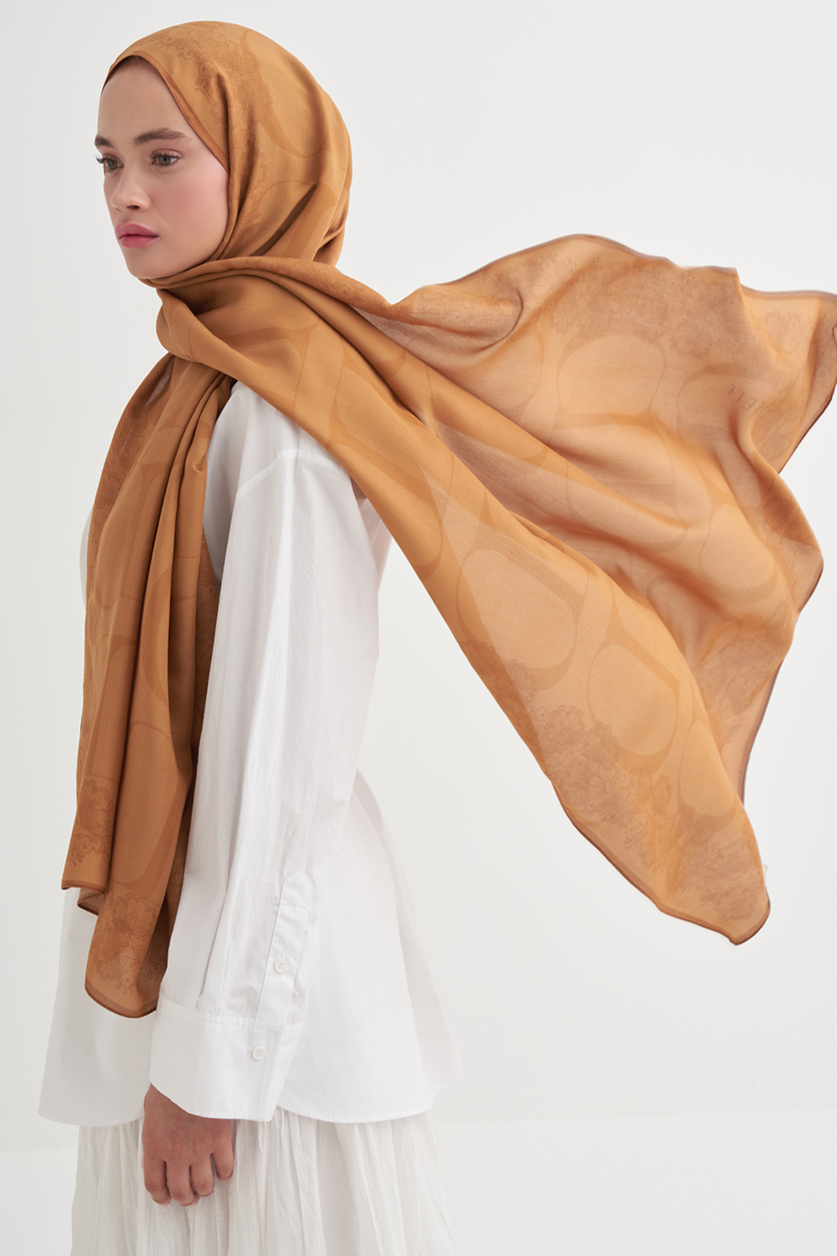 Floral Monogram Floş Şal Hardal