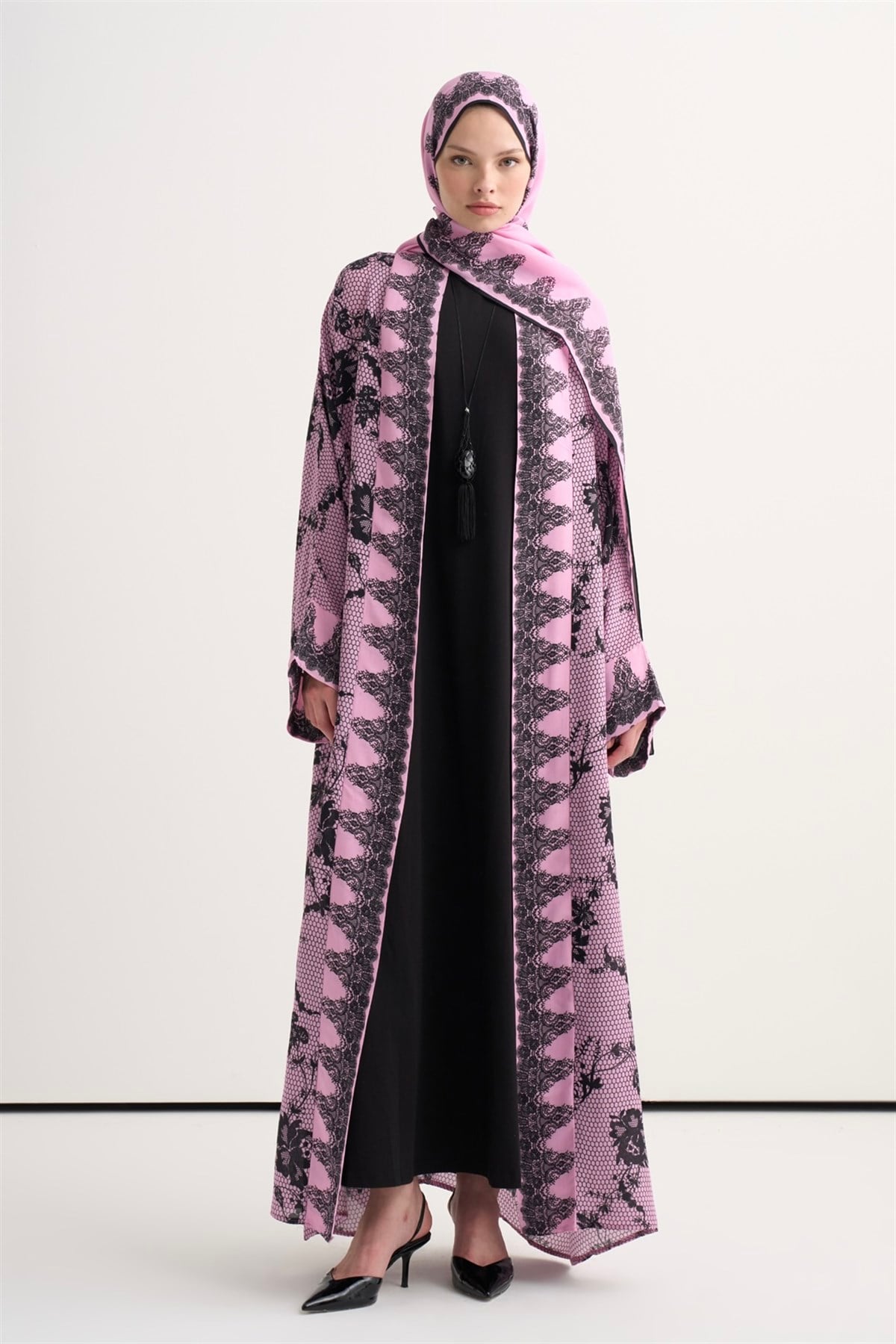 Floral Floş Abaya Pembe
