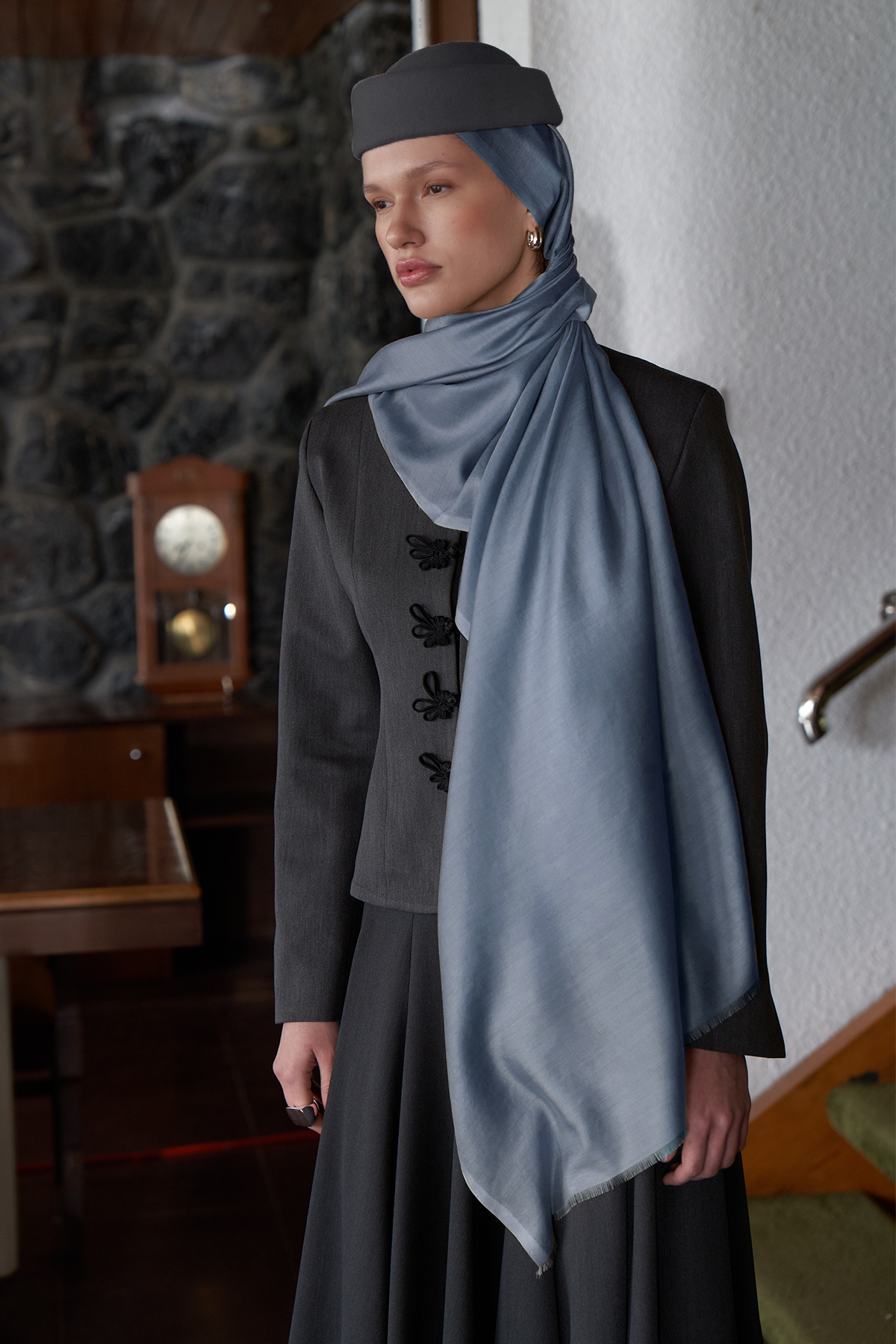 Mavi Düz İpek Şal