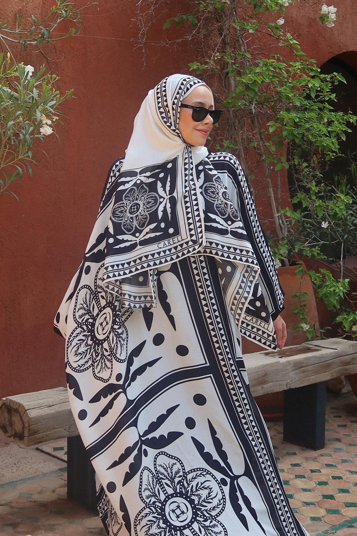 Feyza Hakyemezin Tercihi Atlas Ekru Monogram Floş Şal