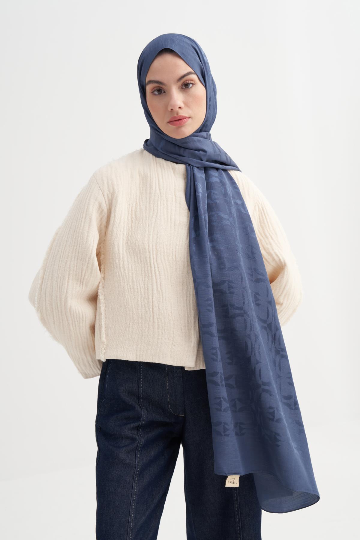 Blok Desen Rina Floş Jakar Şal Kot Mavi