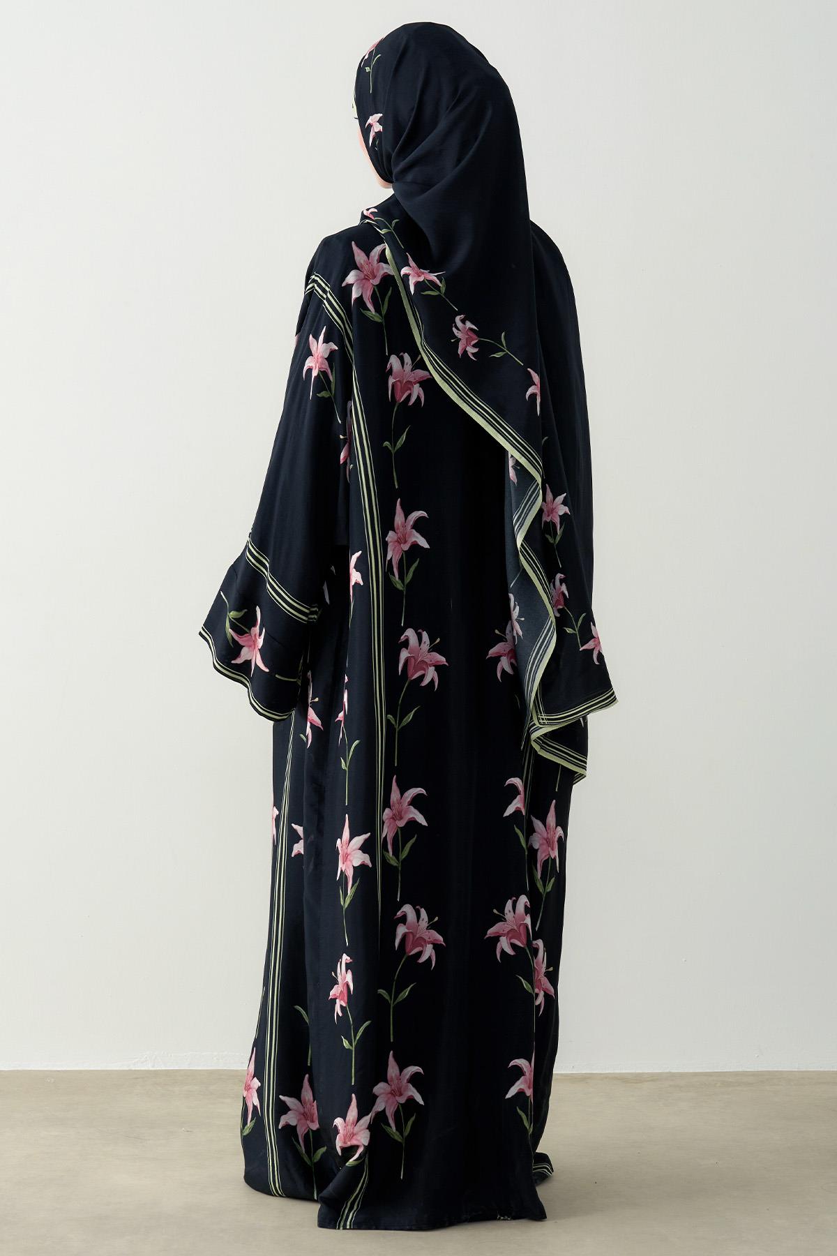 Blooming Floş Abaya Siyah