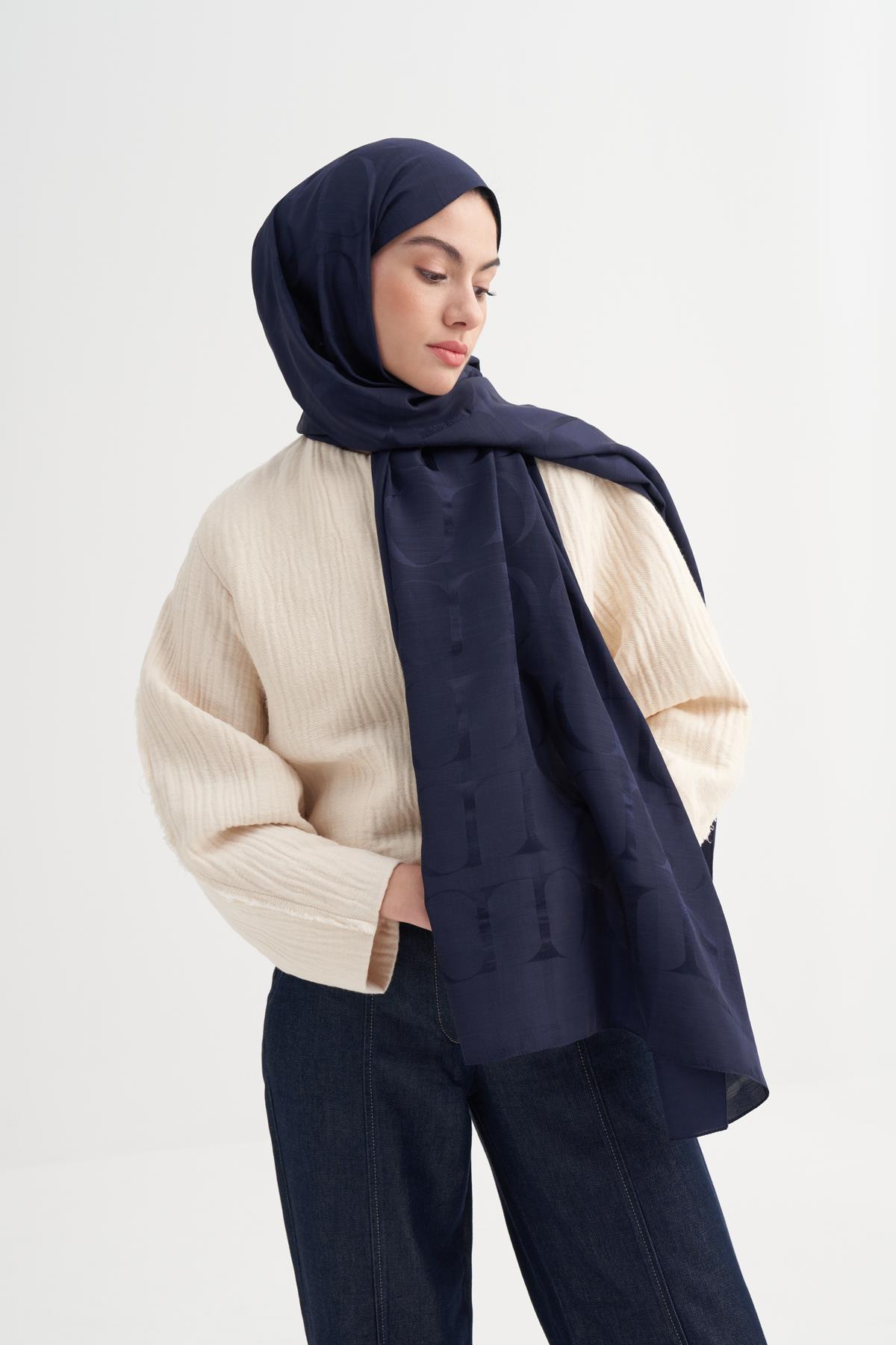 Monogram Desen Rina Floş Jakar Şal Koyu Lacivert