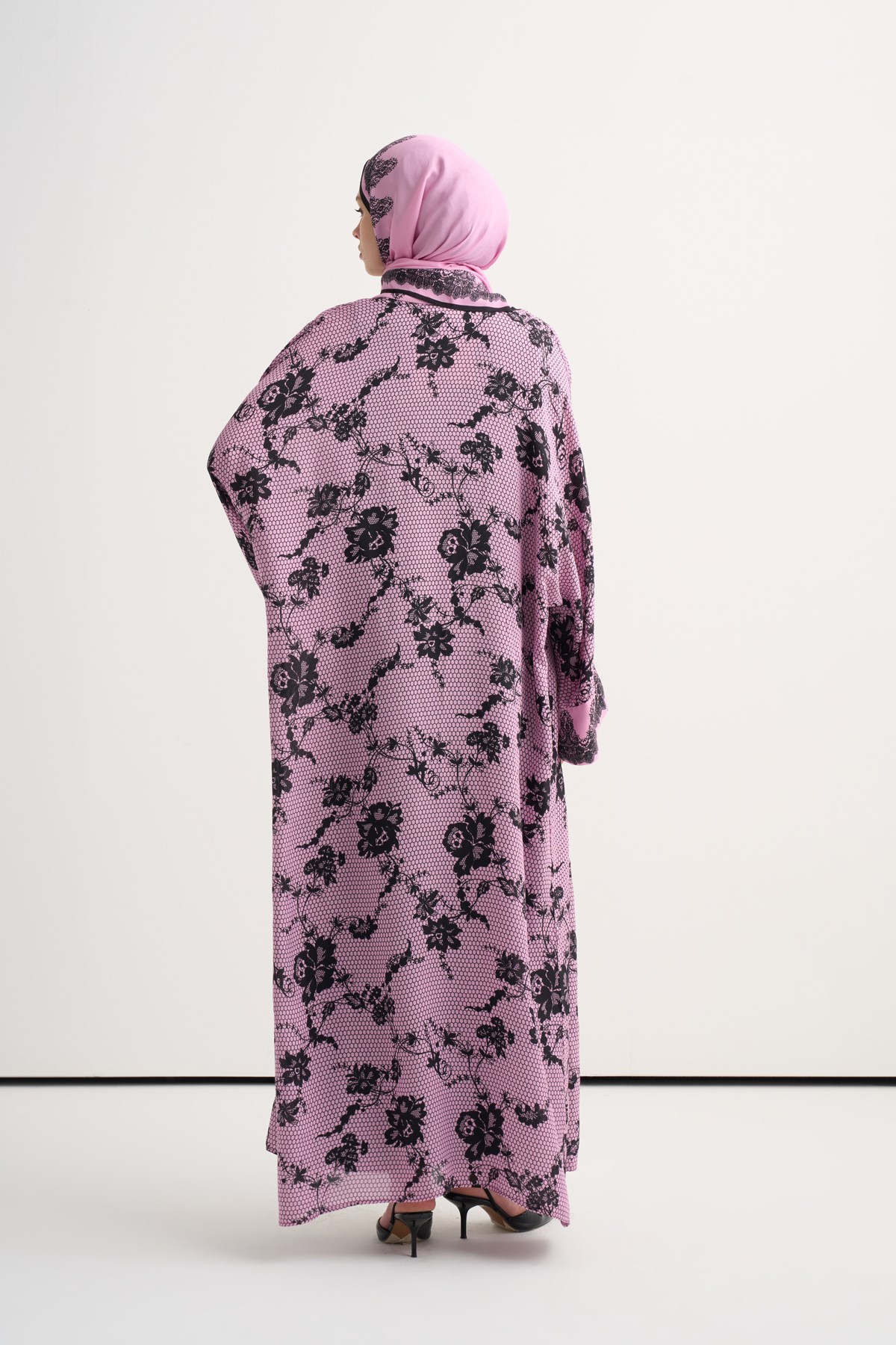 Floral Floş Abaya Pembe