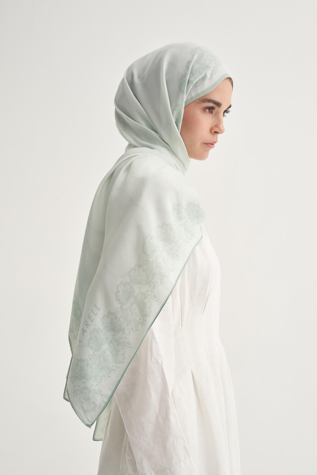 Floral Çiçekli Monogram Floş Şal Su Yeşili