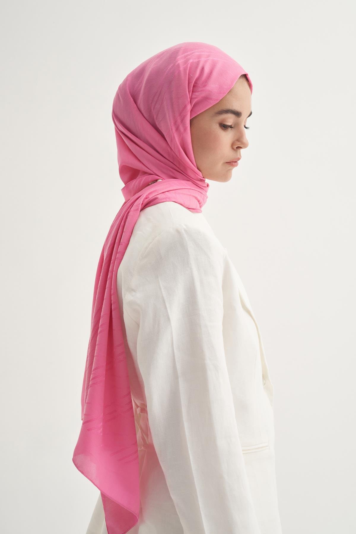 Simetrik Jakar İtalyan  İpekli Şal Koyu Pembe