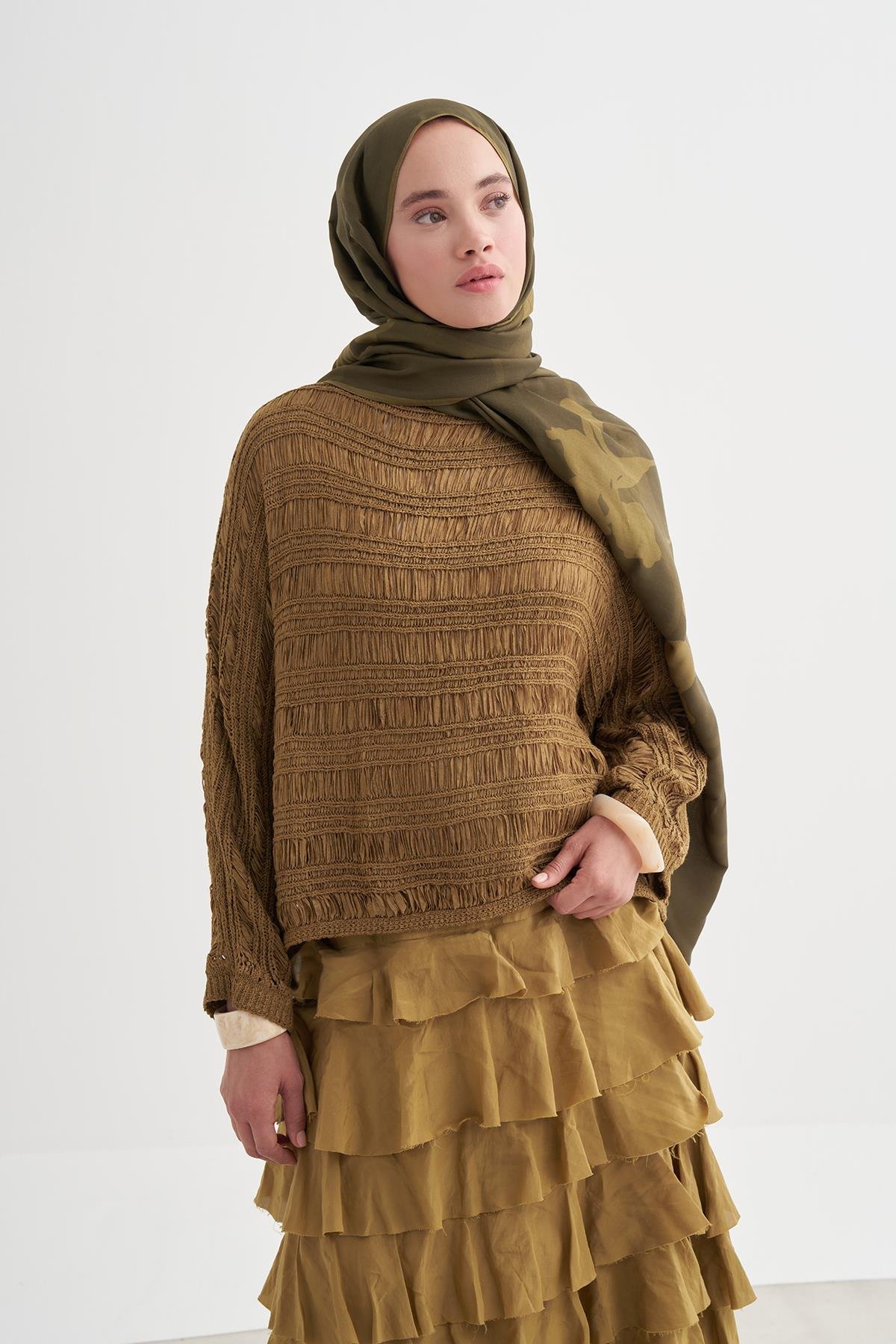 Vera Monogram Floş Şal Zeytin Yeşili