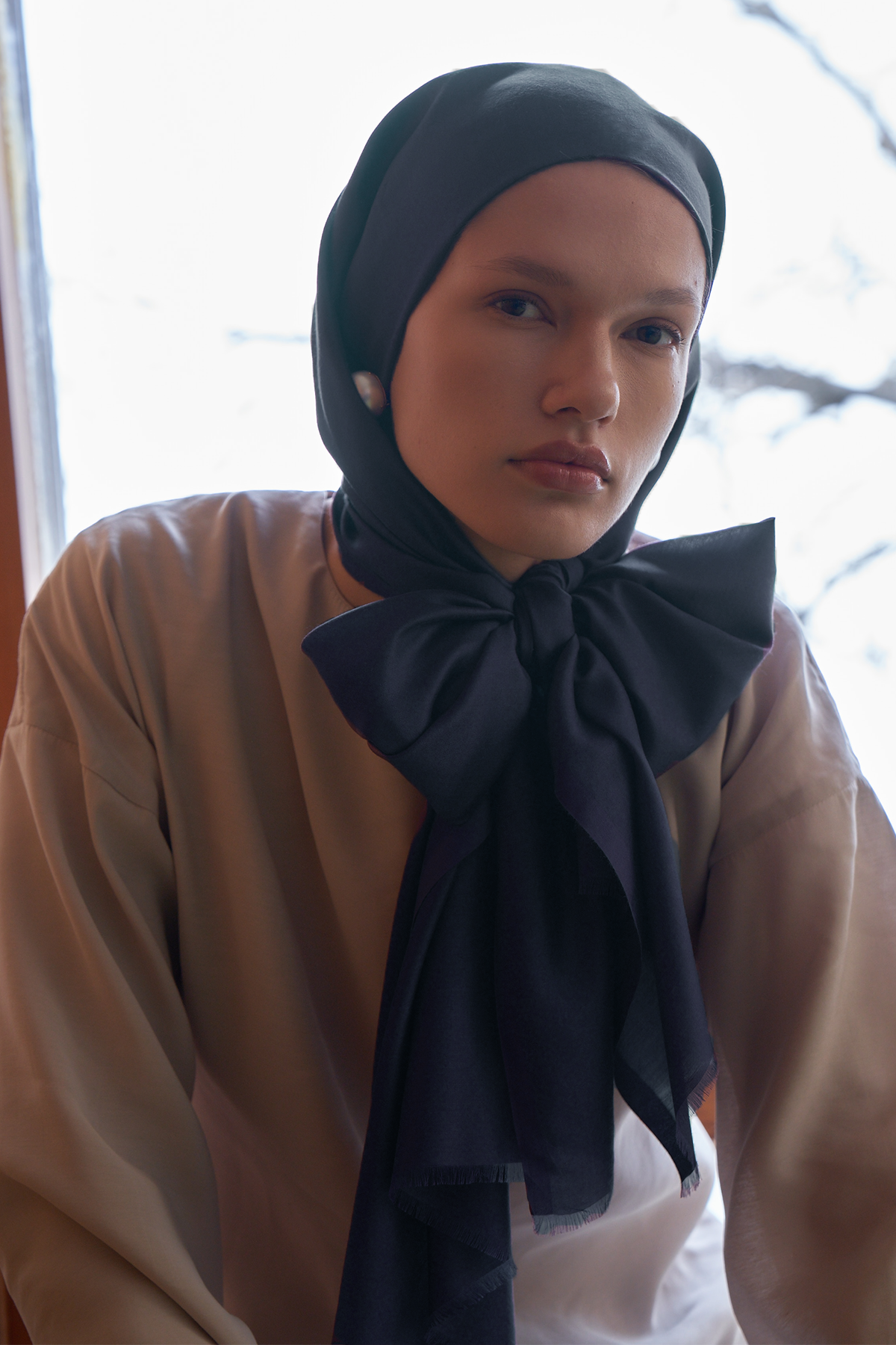 Lacivert Düz İpek Şal