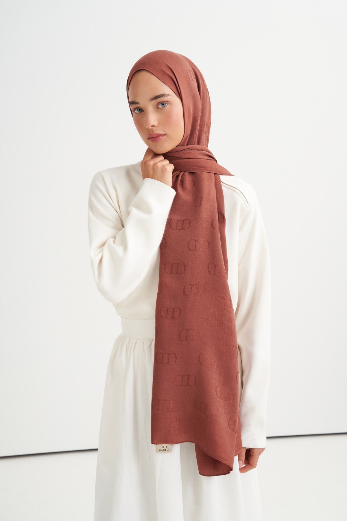 Monogram Desen Liora Pamuk Şal  Kremit