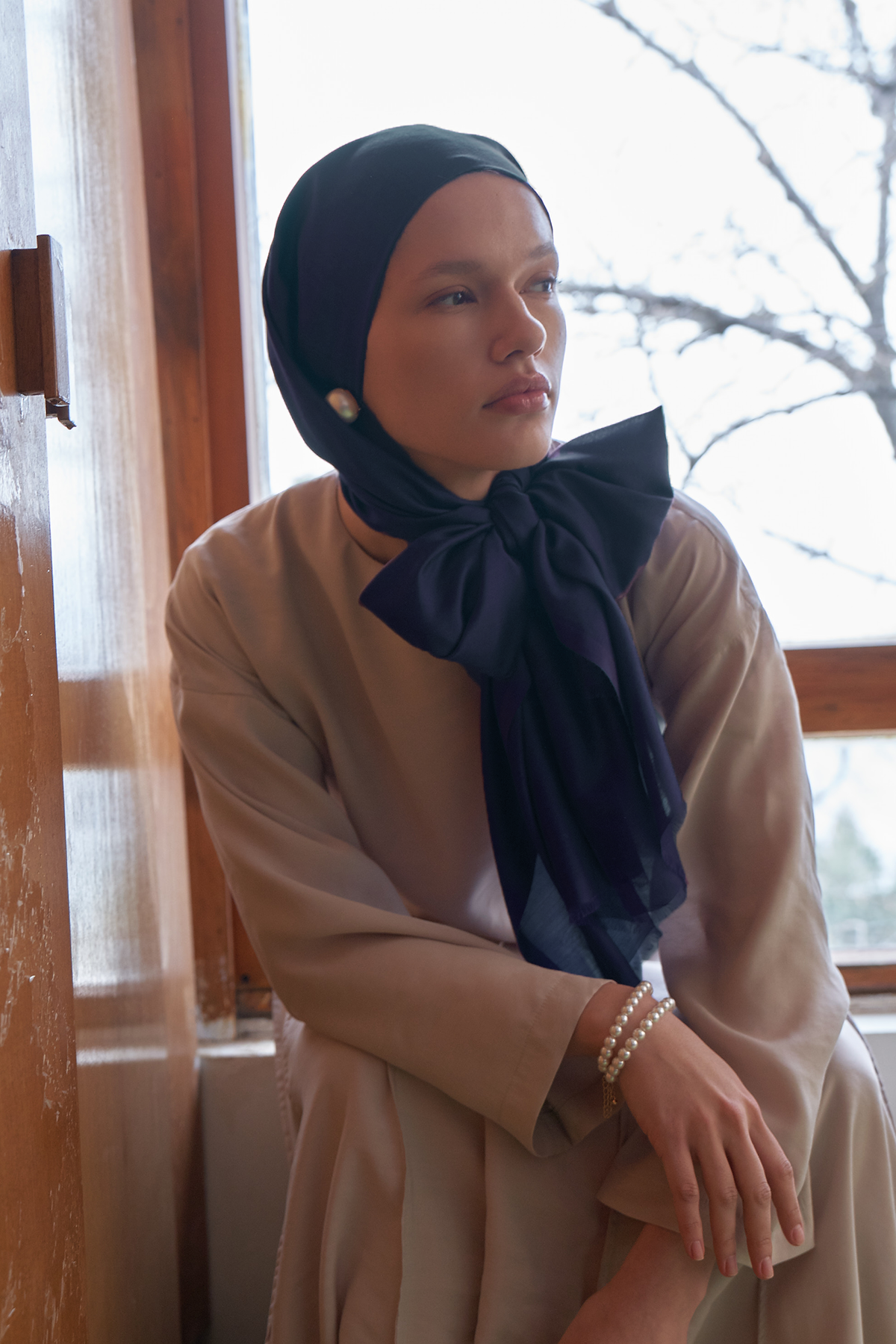 Lacivert Düz İpek Şal