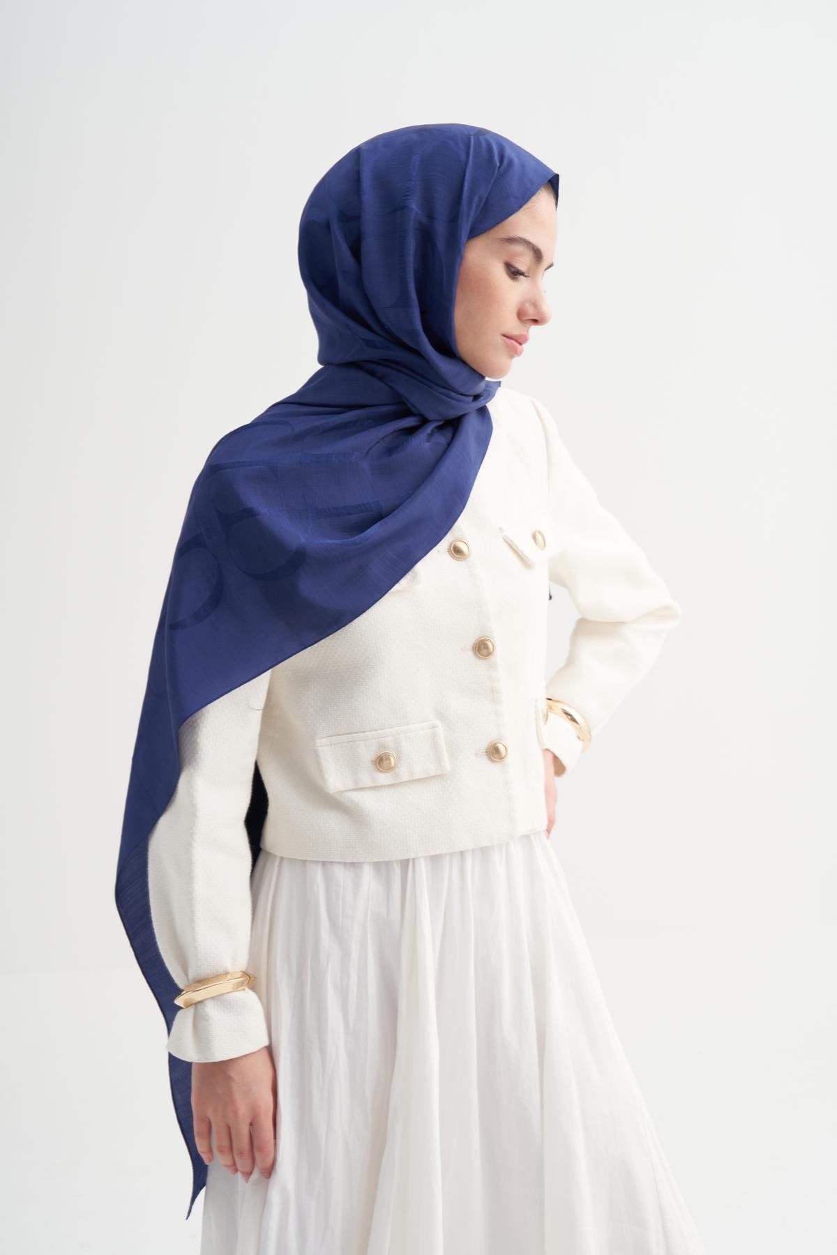 Monogram Desen Rina Floş Jakar Şal Lacivert