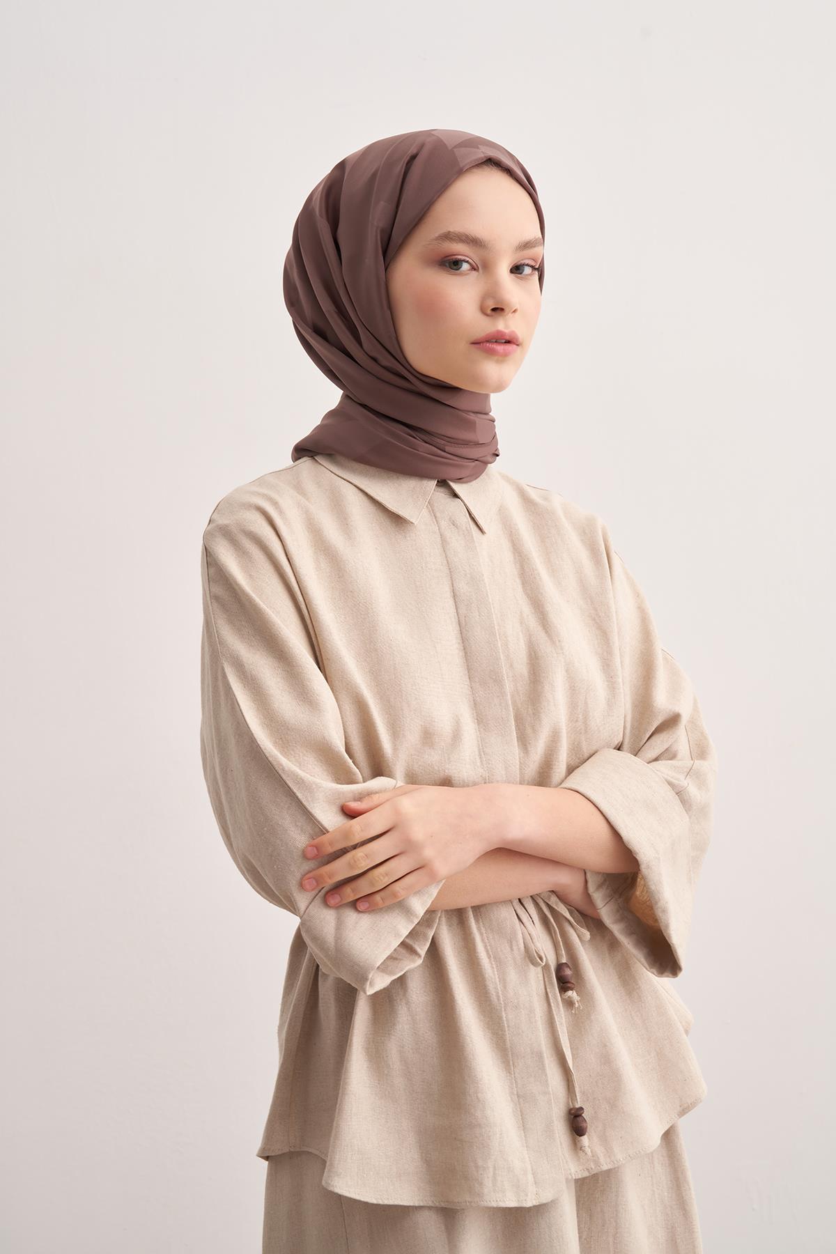 C Desen Monogram Pamuk İpek Şal Soft Kahve