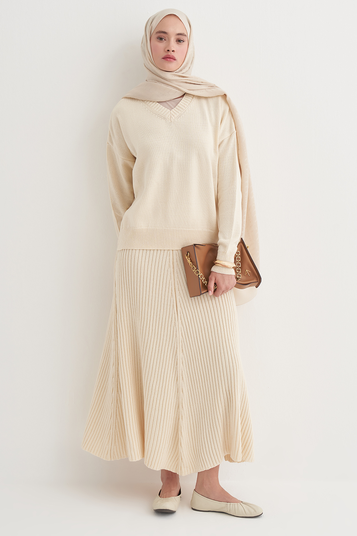 Fitilli Triko Etekli Takım Krem