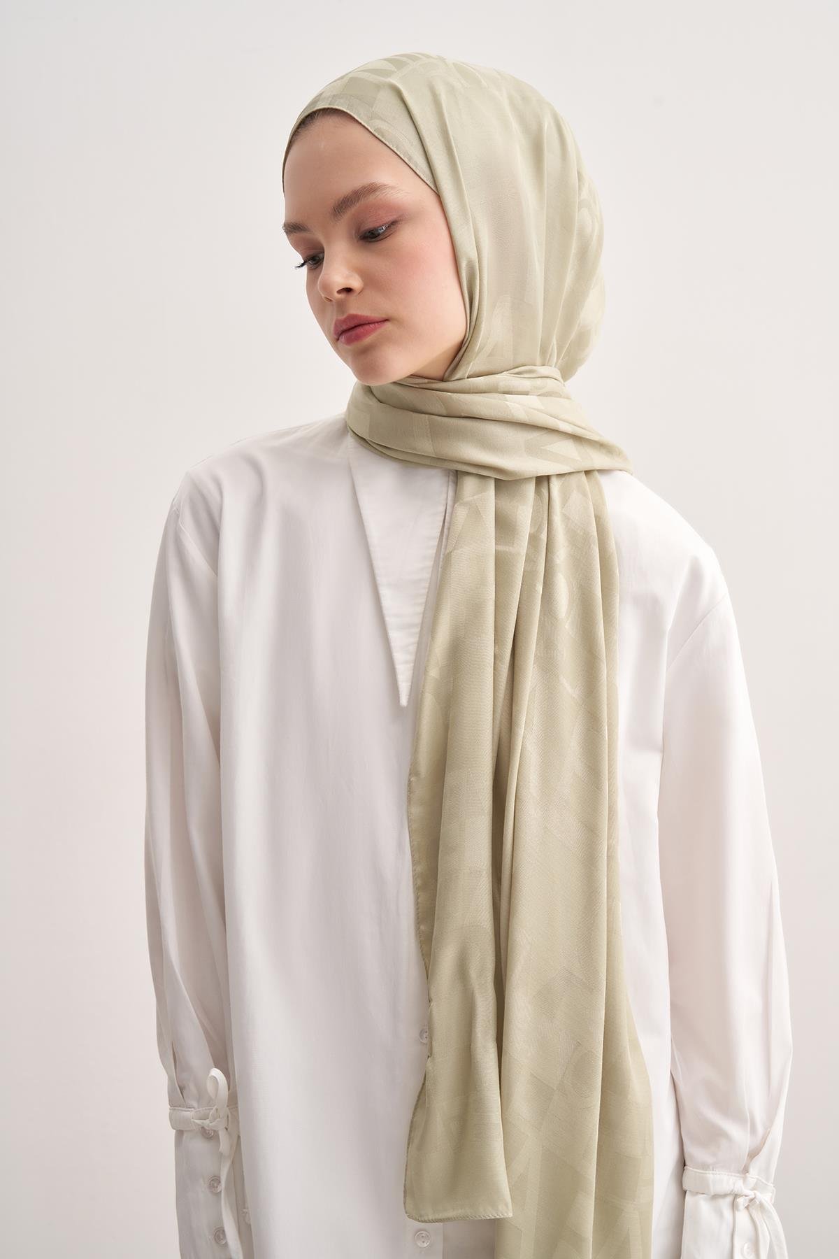 Yazı Desen Jakar İtalyan İpekli Şal Soft Yeşil