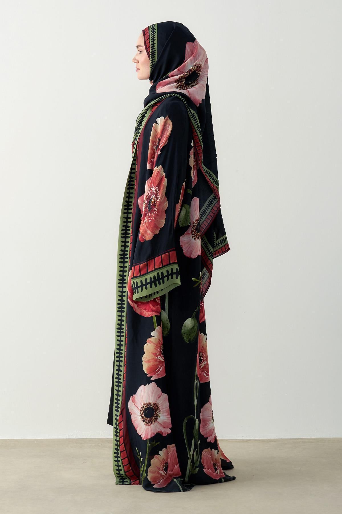 Roselle Floş Abaya Siyah