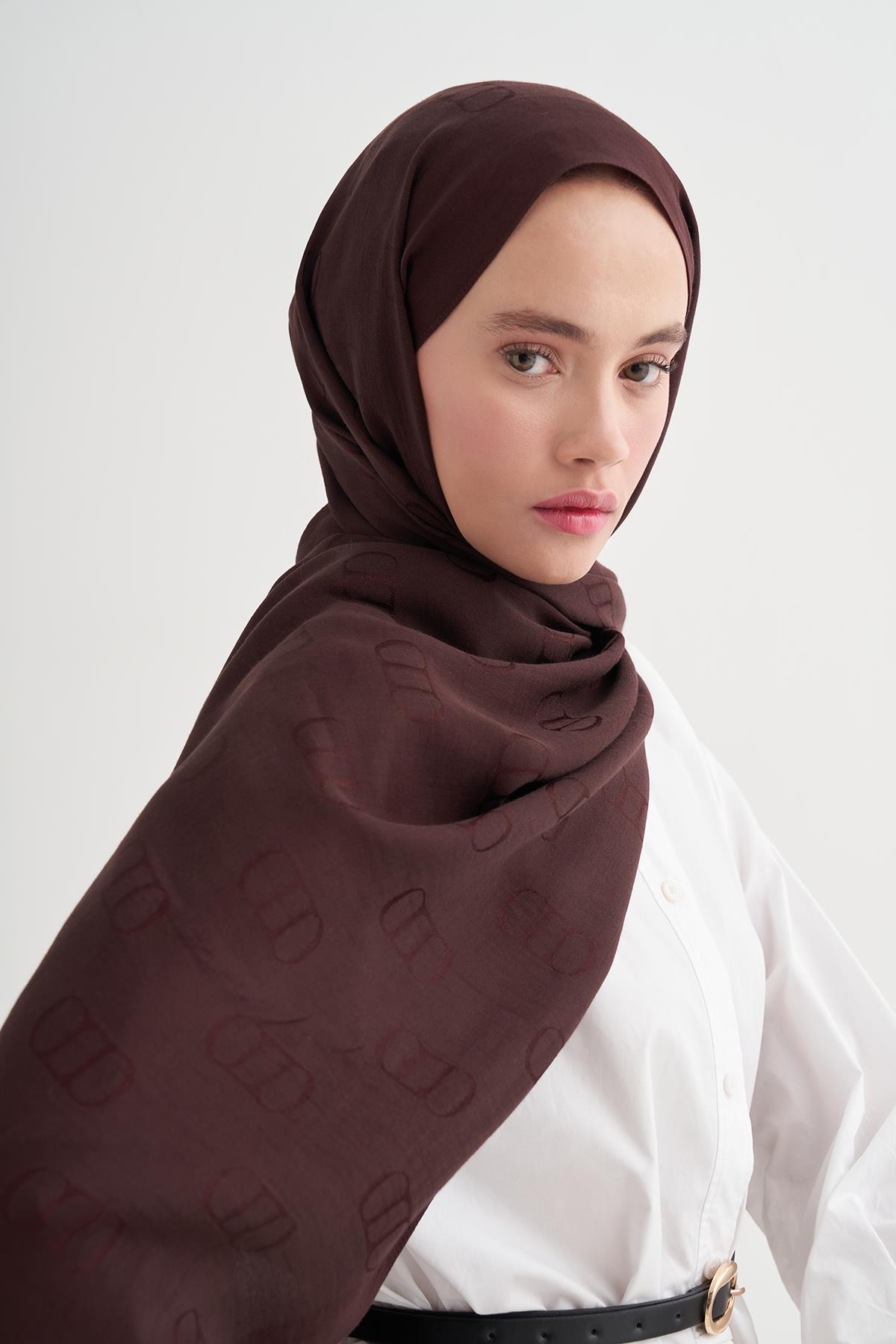 Monogram Desen Liora Pamuk Şal Mürdüm