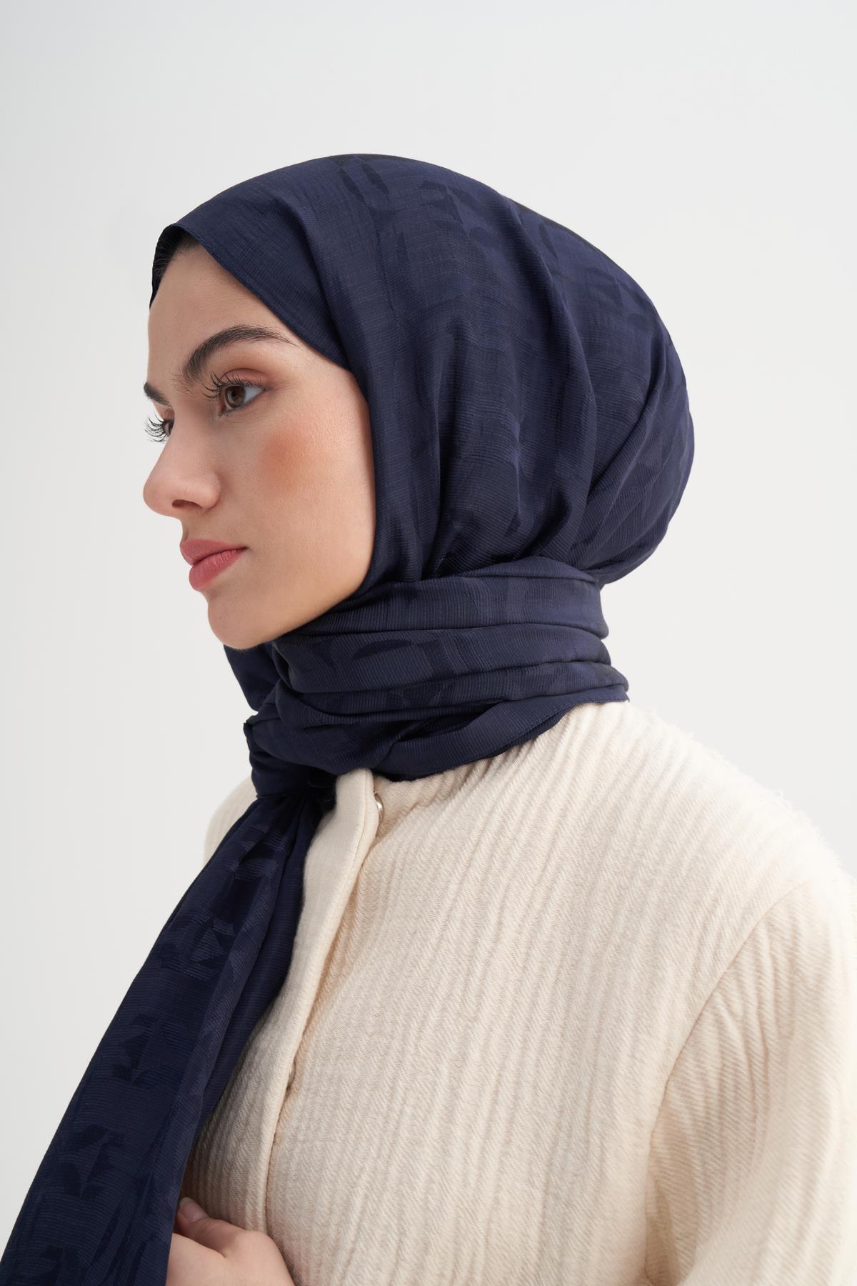 Blok Desen Rina Floş Jakar Şal Koyu Lacivert