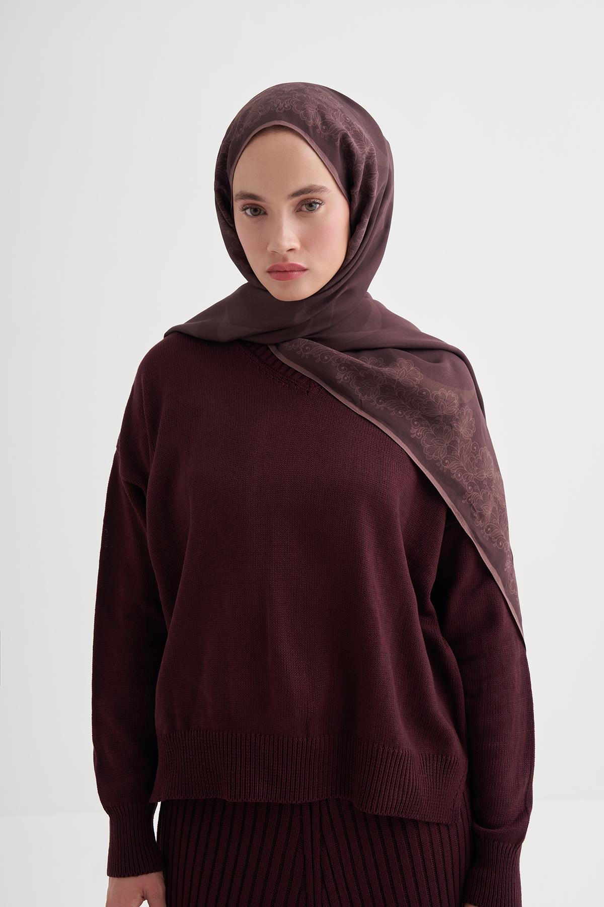 Floral Monogram Floş Şal Acı Kahve