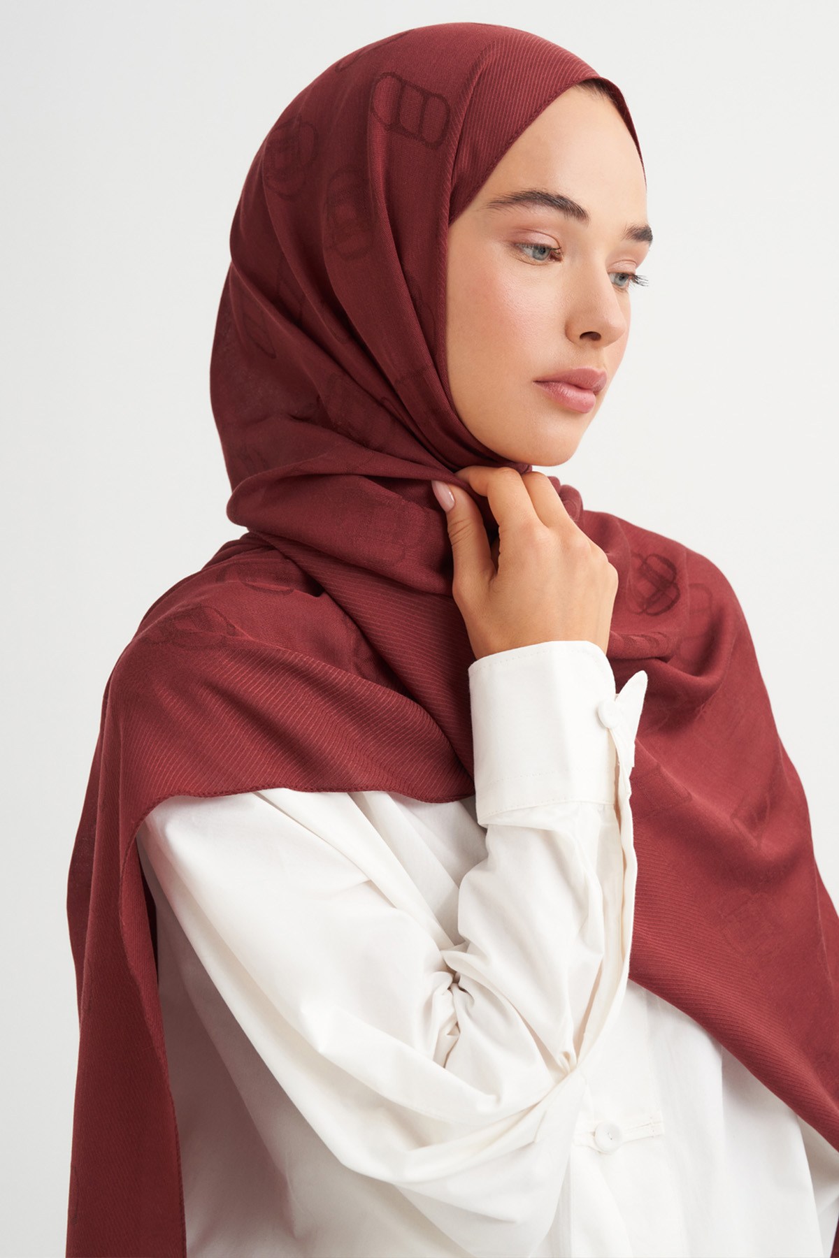 Monogram Desen Tensel Yün Viskon Şal Bordo
