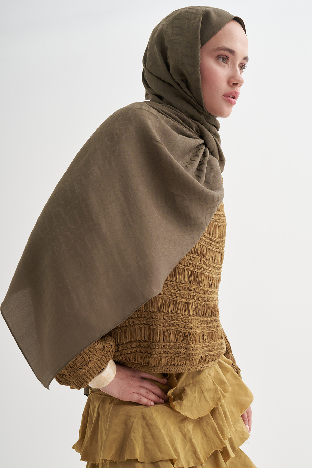 Luxe Desen Liora Pamuk Şal Zeytin Yeşili