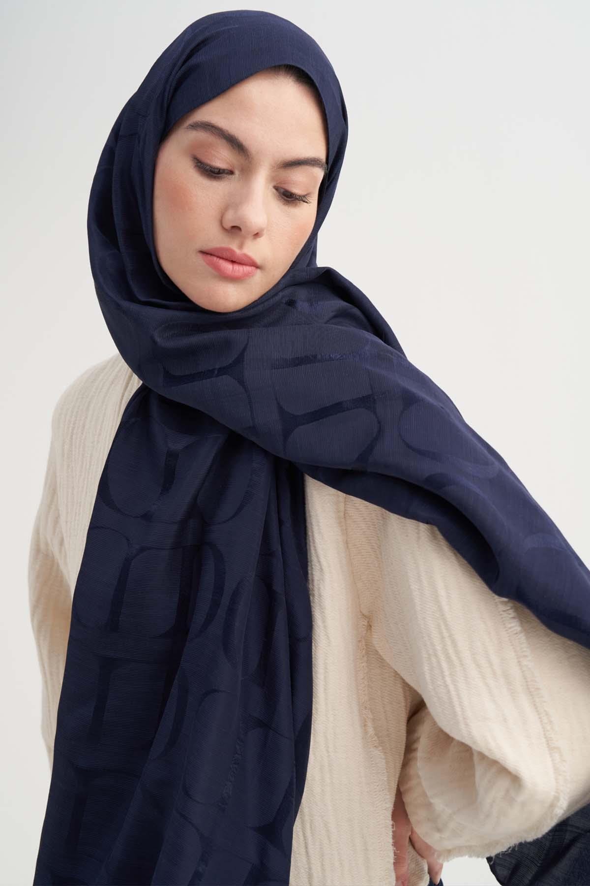 Monogram Desen Rina Floş Jakar Şal Koyu Lacivert