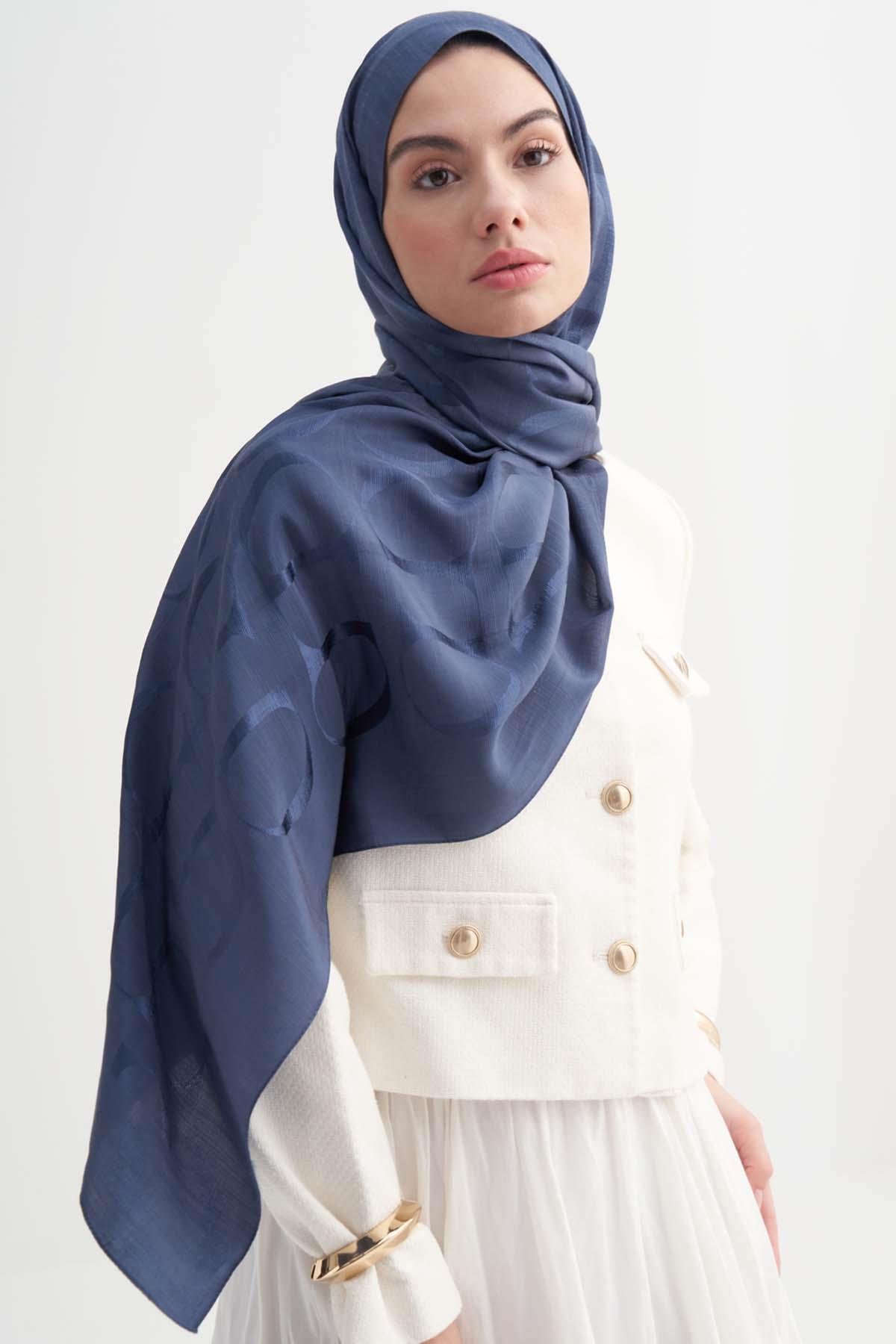 Monogram Desen Rina Floş Jakar Şal Kot Mavi