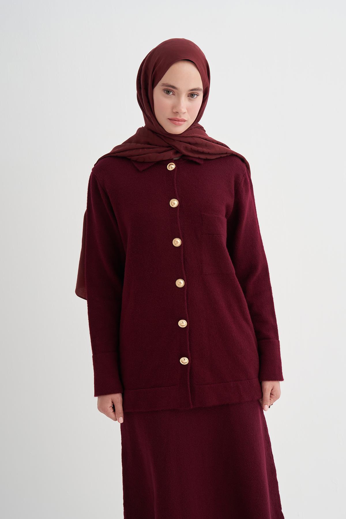 Düz Örgü Triko Etekli Takım Bordo