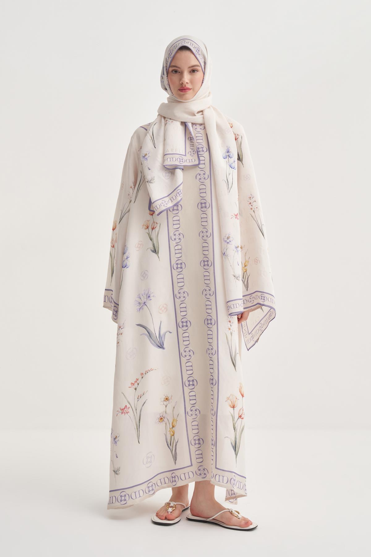 Palmara Ekru Floş Kaftan