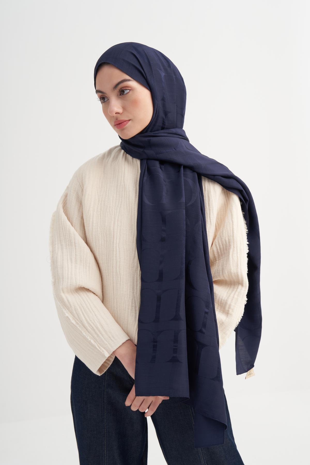 Monogram Desen Rina Floş Jakar Şal Koyu Lacivert