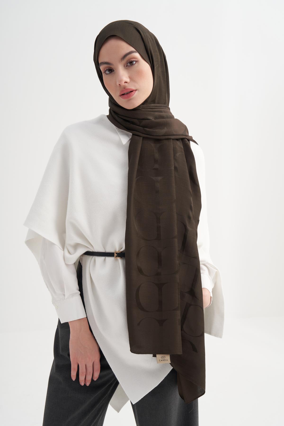 Monogram Desen Rina Floş Jakar Şal Acı Kahve