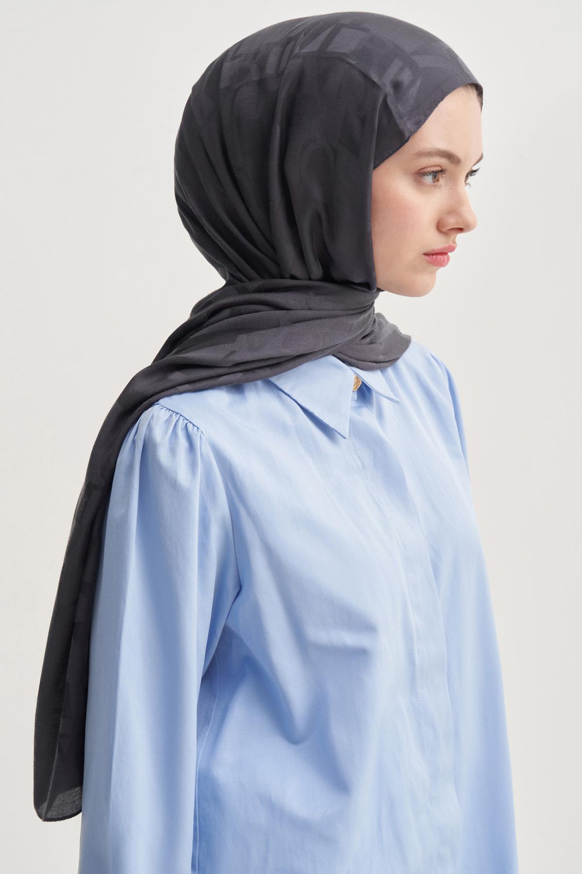 Yazı Desen Jakar İtalyan İpekli Şal Antrasit