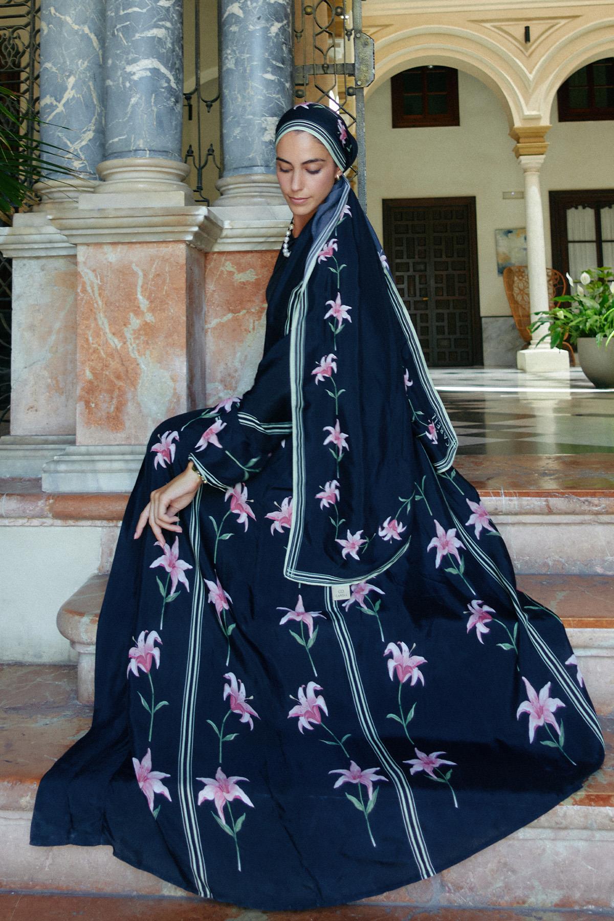 Blooming Floş Abaya Siyah